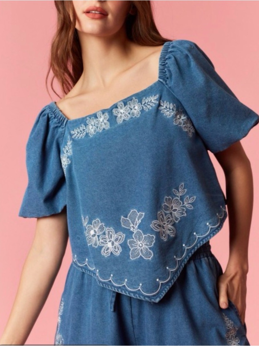 Denim Embroidered Square-Neck  Top